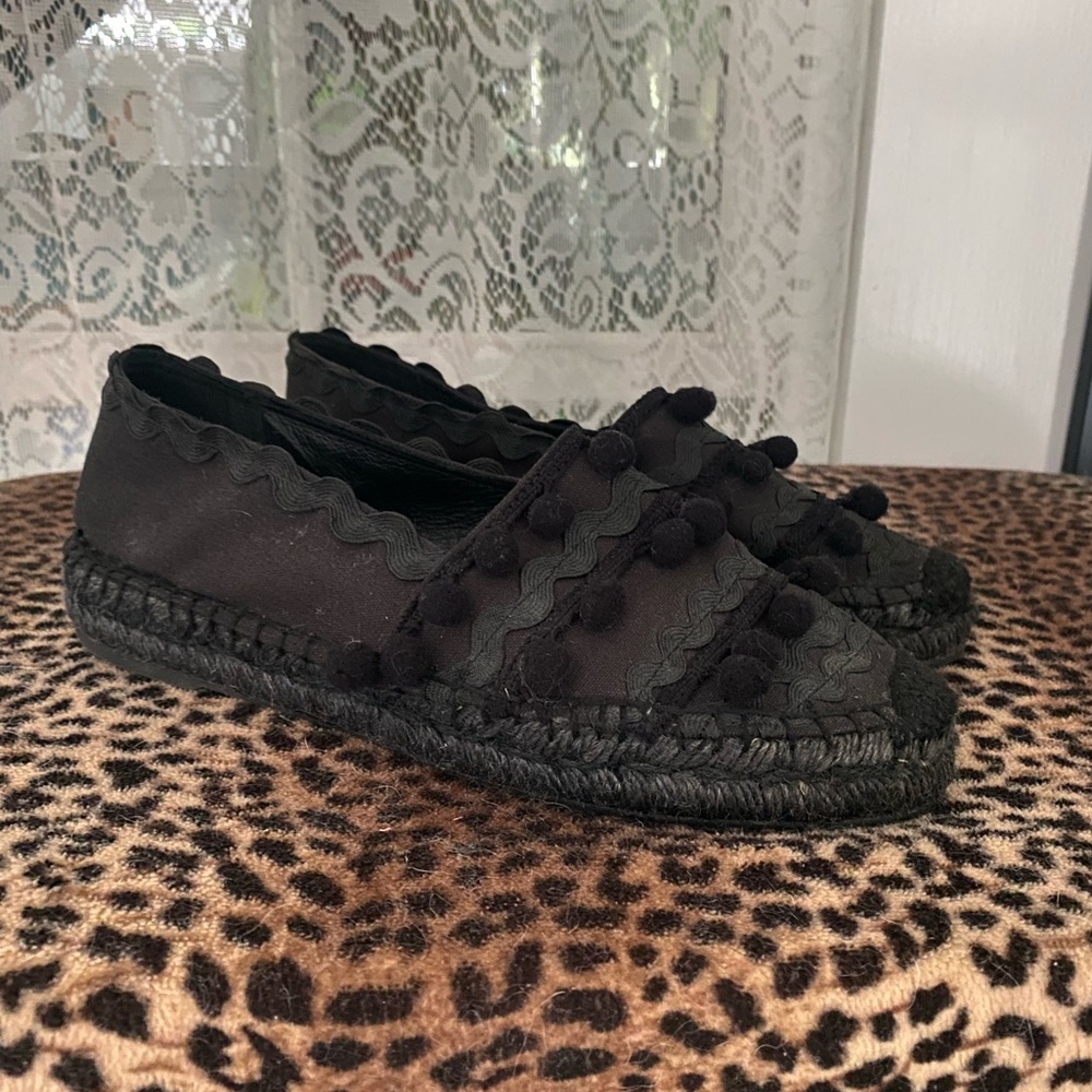 Maje Black Slip on Shoes Spain Size 40 Pom Pom Espadrille Flat Fabric